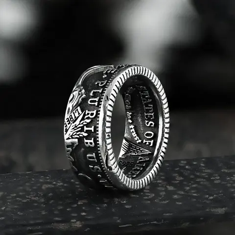 GTHIC 1896 Morgan Dollar Pattern Stainless Steel Ring - 10mm Punk Jewelry, Unisex Eco-Friendly Alloy Copper Artificial Gemstone Piece, Men's Accessories with Vintage Edge for Modern Wear (Sizes 7-13) Birthday Anniversary Fashion Gift