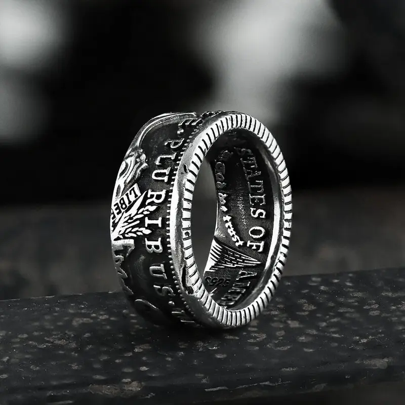 GTHIC 1896 Morgan Dollar Pattern Stainless Steel Ring - 10mm Punk Jewelry, Unisex Eco-Friendly Alloy Copper Artificial Gemstone Piece, Men's Accessories with Vintage Edge for Modern Wear (Sizes 7-13) Birthday Anniversary Fashion Gift