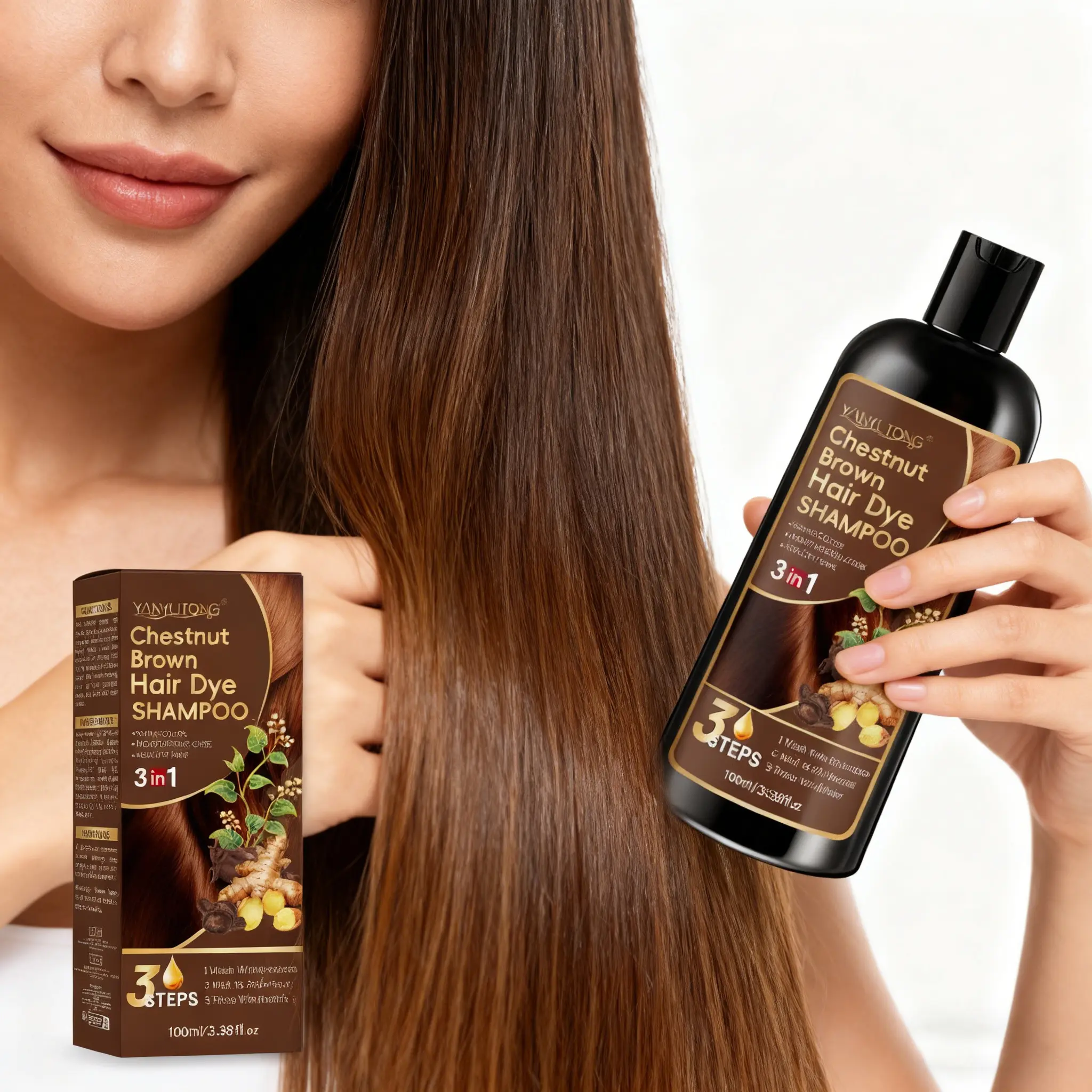 Natural Ginseng Herbal Hair Dye Shampoo (Chestnut Brown) – 3-in-1 formula with ginseng root & herbal extracts. Gentle, non-irritating, covers hair naturally, nourishes roots, moisturizes. Salon-quality care at home. Hair Darkening Shampoo