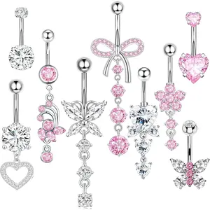 14G Belly Button ring Dangle Belly Rings Surgical Stainless Steel Cute Bow Butterfly Heart Flower Dangling Belly Button Piercing Jewelry For Women Silver Dainty Dangly Navel Ring