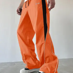 Men's Black Colorblock Sweatpants with White Side Stripes & Embroidered Design for Gym Wear Loose Athletic Long Pants Sporty Elegance Drawstring Waist Straight Leg Cut Trendy Street Fashion Joggers Sports Menswear Embroidery Tracksuit
