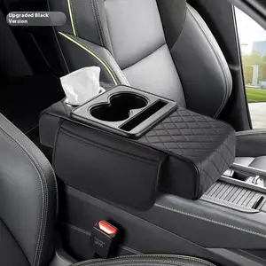 Multifunctional Leather Car Armrest Organizer - Storage Box with Cup Holder, Height-Adjustable Elbow Pad & Built-in Tissue Dispenser