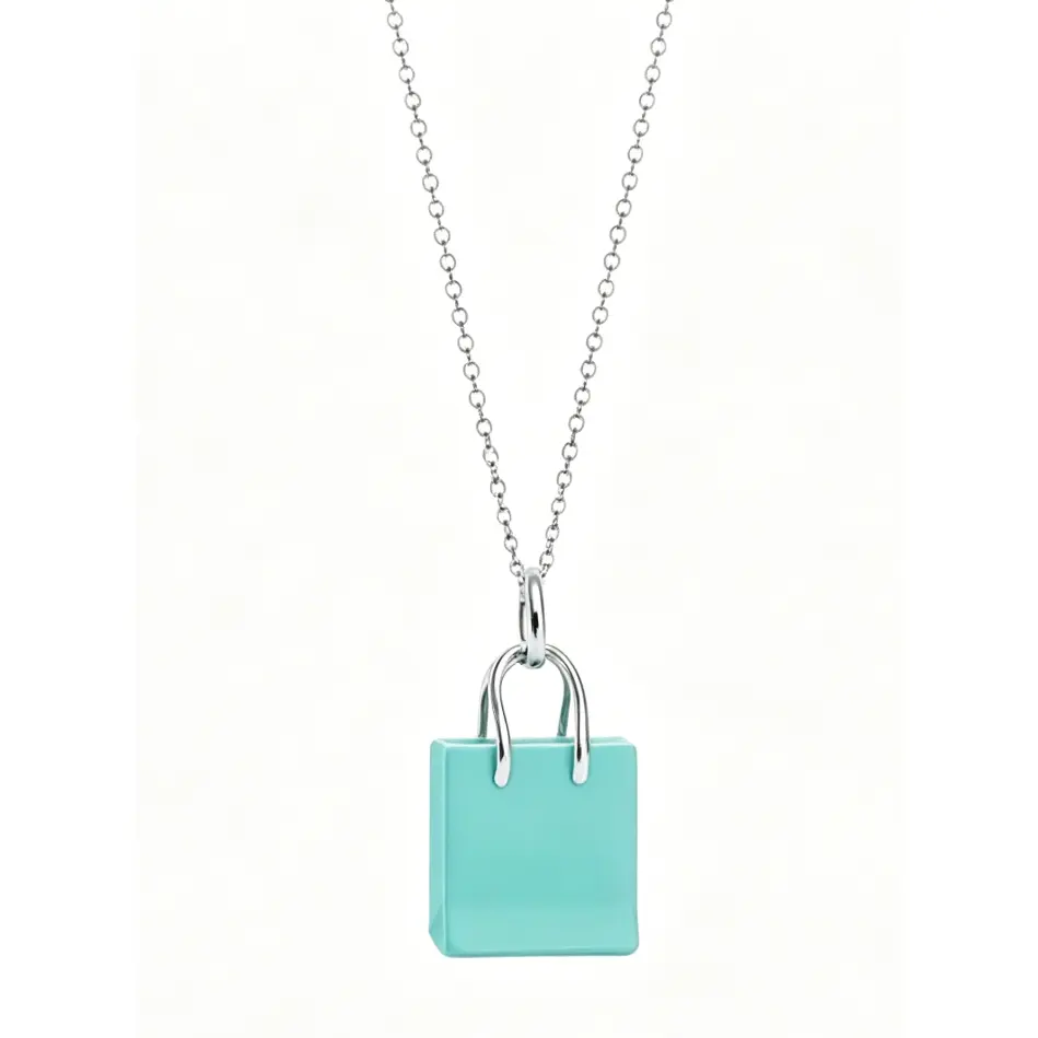 Blue Enamel Gift Bag Fashion Necklace, Dainty Clavicle Chain Jewelry, Clavicular Necklace, Dainty Minimalist Design