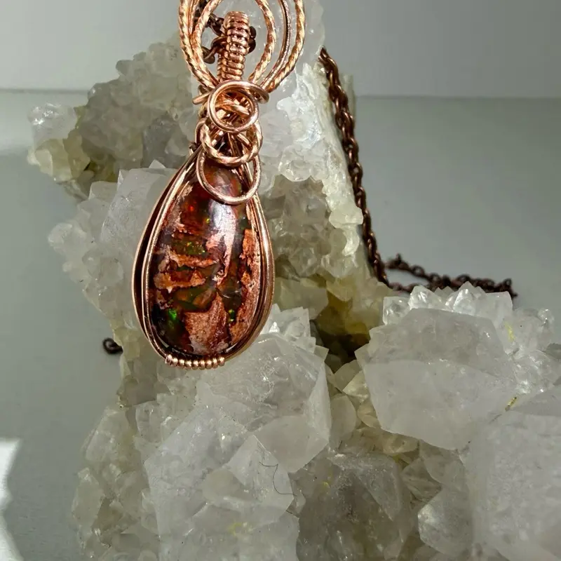 Copper Wire Wrapped Mexican Fire Opal Pendant With Copper Chain Handcrafted Gemstone Jewelry