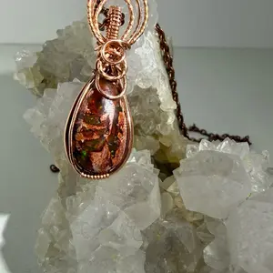 Copper Wire Wrapped Mexican Fire Opal Pendant With Copper Chain Handcrafted Gemstone Jewelry