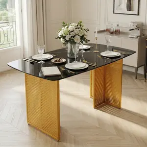 Modern Rectangular Tempered Glass Dining Table for 6, Marble Pattern Black Metal Legs, Space-Saving for Kitchen Living Room Home Office Black