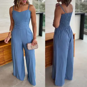 ChicMe Women's Plain Spaghetti Strap Waist Buckle Jumpsuit Casual Back Shirred Wide Leg Romper