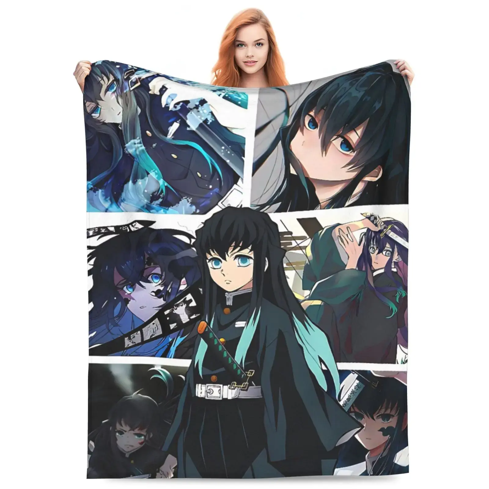 Demon Slayer Tokito Muichiro Flannel Blanket, Mist Hashira Anime Collage Throw for Dorm Beds, Soft Couch Cover for Movie Night Lounges, Bedroom Wall Accent & Birthday Holiday Gift for Men, Women, Teens and Anime Fans
