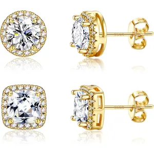 Fansilver Stud Earrings for Women Men - 6/8/10mm Cubic Zirconia Earrings Studs-Simulated CZ Halo Hypoallergenic Earrings for Sensitive Ears 2/4 count