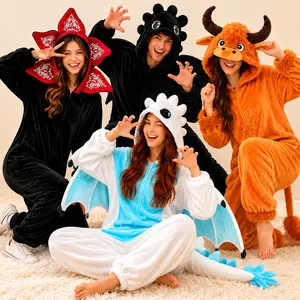 Couple Onesie Pajamas, Adult Jumpsuits for Christmas & Role-Playing, Multiple Styles: Black & White Dragon, Cow, Man-Eating Flower