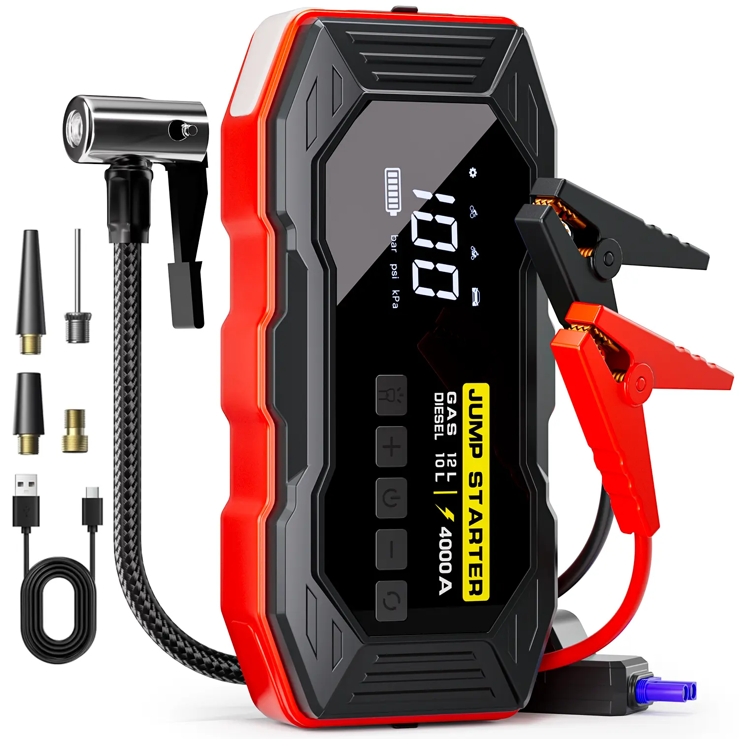 [Voice-Tank] 4in1 Jump Starter with Air Compressor,4000A Portable Car Battery Booster (12 Gas/10L Diesel) with 160PSI Auto-Shutoff Tire Inflator, 12V Supersafe Lithium Jump Box Car Battery Jumper Starter Car Tool Kit Automotive Tool Kit
