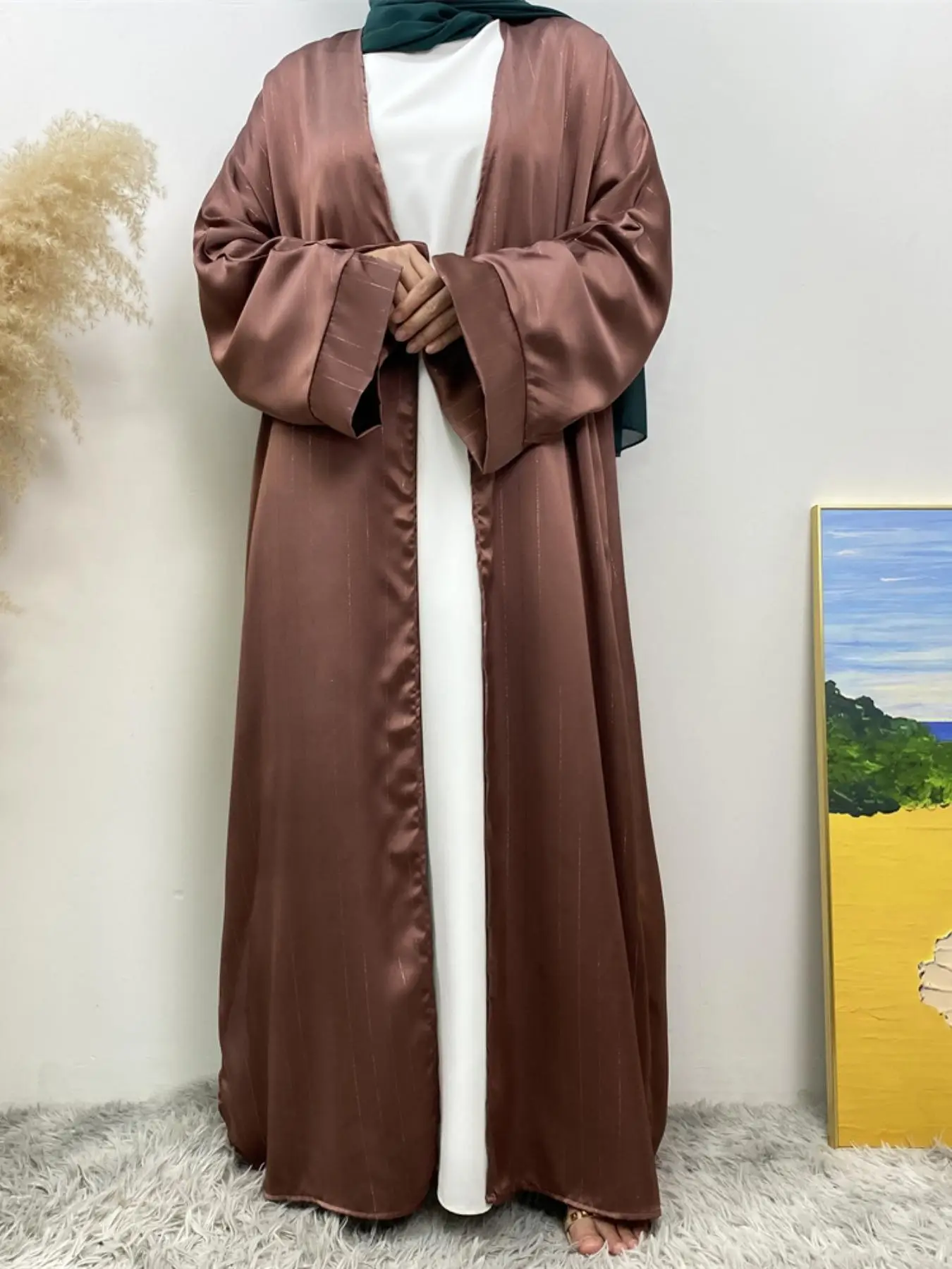 Women's Solid Batwing Sleeve Split Hem Abaya, Modest Long Sleeve Open Front Abaya for Daily Wear, Women's Islamic Clothing for Spring & Fall