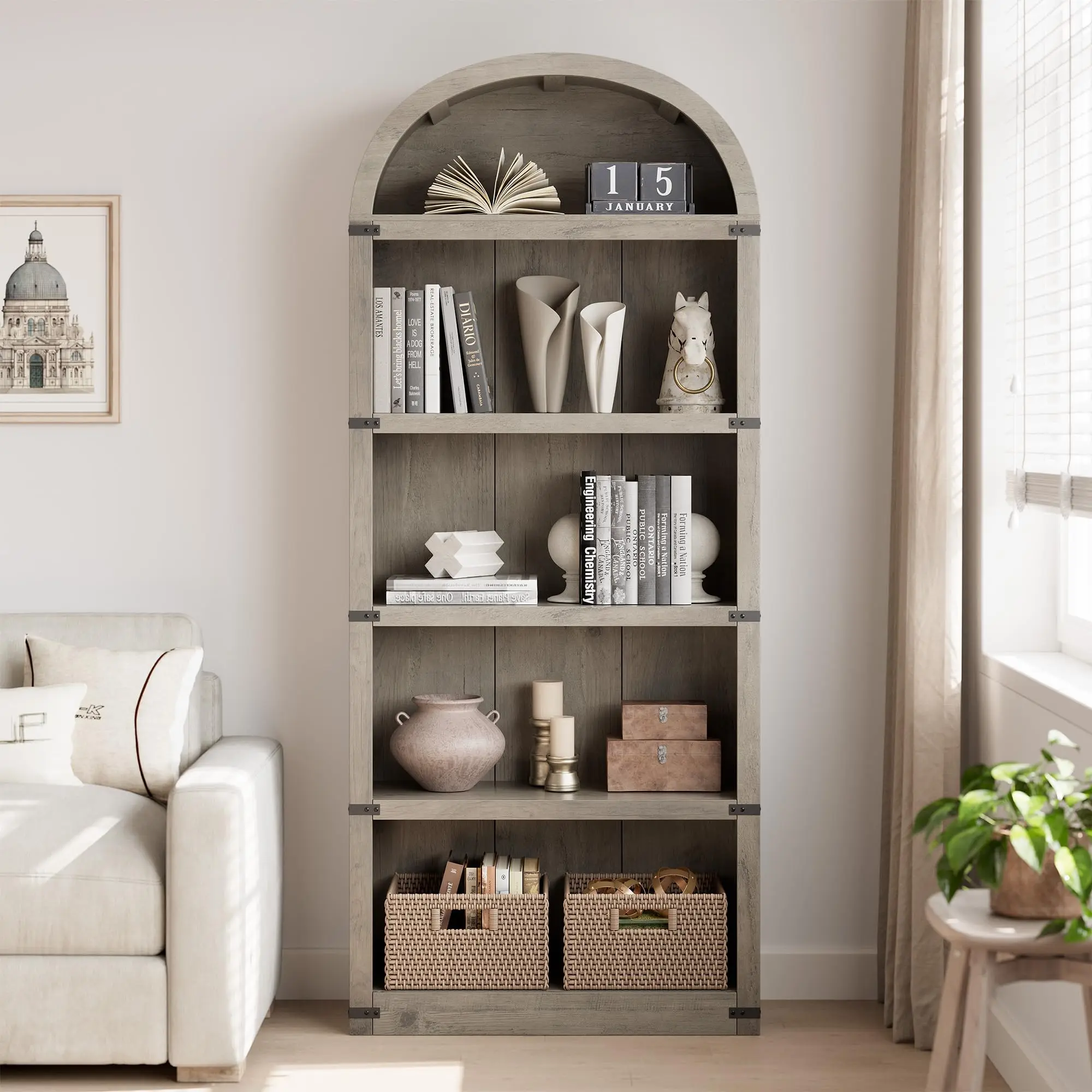 Garvee Bookshelf Gray with Rounded Arch, Freestanding Shelf 5 Levels (182x76x30 cm), Vintage Accent Shelf for Living Room & Office, Modern Wooden Shelf Arch Design, Stable & Space-saving