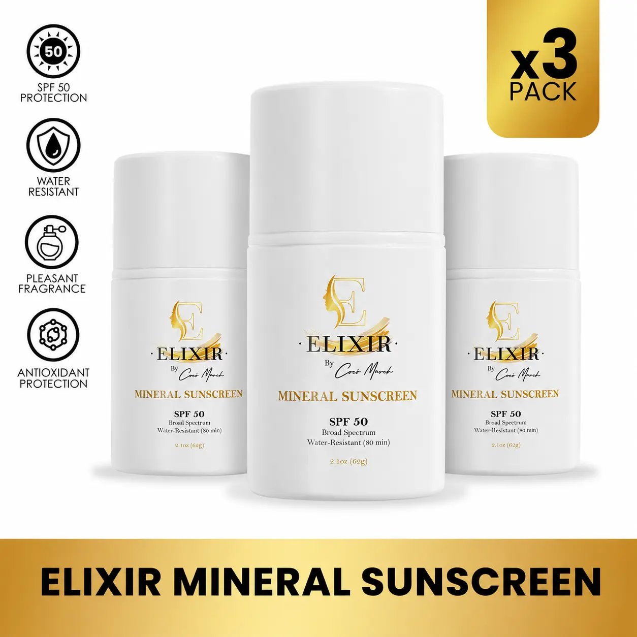 3 Pack of Elixir by Cocó March Mineral Sunscreen, Moisturizing Broad Spectrum SPF 50, Water Resistant UV Protection Non-Greasy Sunblock, 2.1 oz each