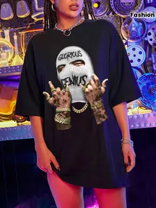 Hiphop Streetwear Unisex Loose Fit Classic Graphic Tee, Glorious Genius Mask Print Round Neck Short Sleeve T-Shirt, Casual Fashion Top