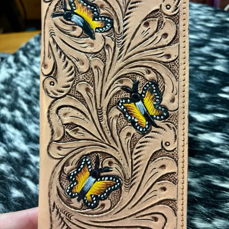 Butterfly tooled leather snap wallet
