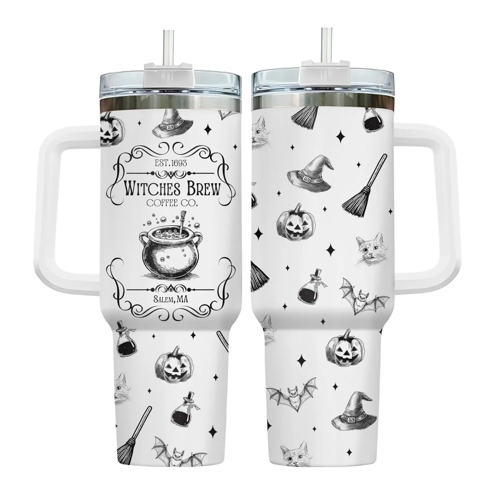 Witches Brew Coffee 40oz Tumbler with Handle, 20oz Tumbler, Vintage Halloween Cup, Spooky Witchy Drinkware, Cauldron, Pumpkin, Broom, Bat, Black Cat Apothecary Design, Salem MA Gift, Coffee Lover, Halloween Gift for Women, Spooky Season, Witch Lover Finds