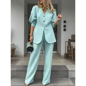 Women’s Elegant Two-Piece Set – Autumn Fashion Jacket and Pockets Design Pants, Work and Commute Outfit, Stylish Office Wear GARMENTARY