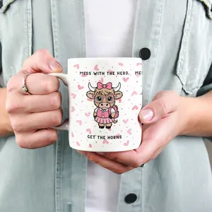 Cute Pink Heart Pattern Girl Power Highland Cow Ceramic Mug