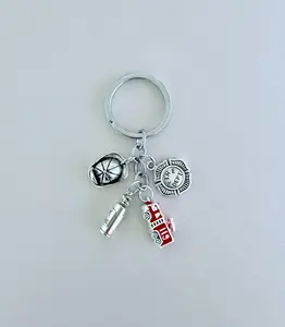 Fireman Charm Keychain, Fire Truck Helmet Firefighter Badge Axe Charms Keyring, Gift for Him, Valentine's Day Gift, Gift for Her