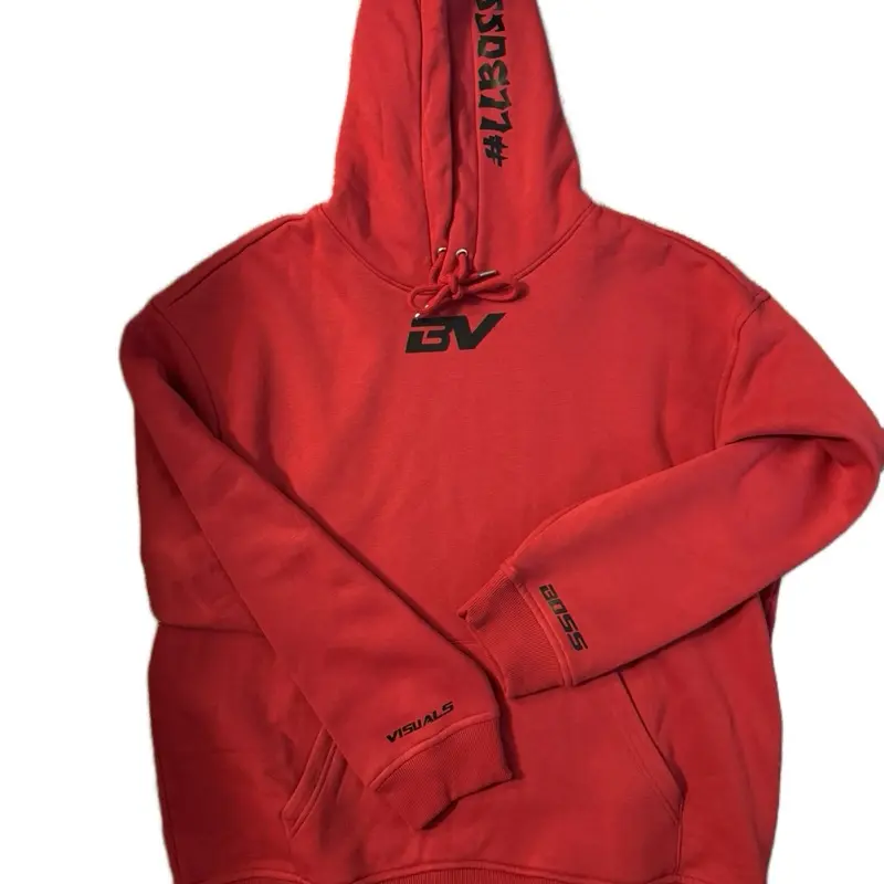 Boss Visuals Red Hoodie with small black font.