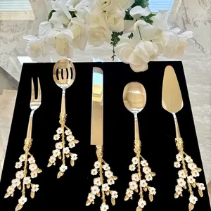 Jasmine Flower Design 5-Piece Stainless Steel Serveware Set with Gold-Tone Floral Handles & White Accents for Elegant Dining & Wedding Tableware