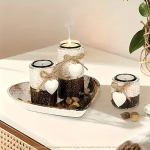 White Wooden Candle Holder Set with Heart Shaped Tray And Tea Light Holders Rustic Farmhouse Candleholders with Macrame Knots And Decorative Stones Complete Vintage Candle Stand Set for Christmas Valentines Day Home Decoration
