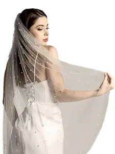 WEZTEZ Pearls Bridal Veils for Wedding 1 Tier Bride VeilShort Wedding Veil with Comb Pearl Veil for Wedding Dress (Ivory 90)