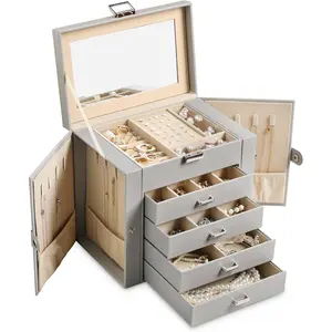 5-layer  Box,Faux Leather  Organizer with 4 Drawers, Organizers and Storage with Mirror, Holder Organizer for Necklace,Jewerly Boxes for Women Girls(Grey)
