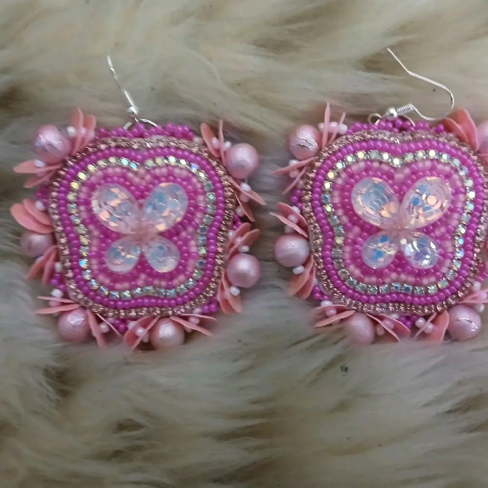 Butterfly Accent Earrings - Pink Beaded Butterfly Design with Rhinestone Accents and Pearl Detailing