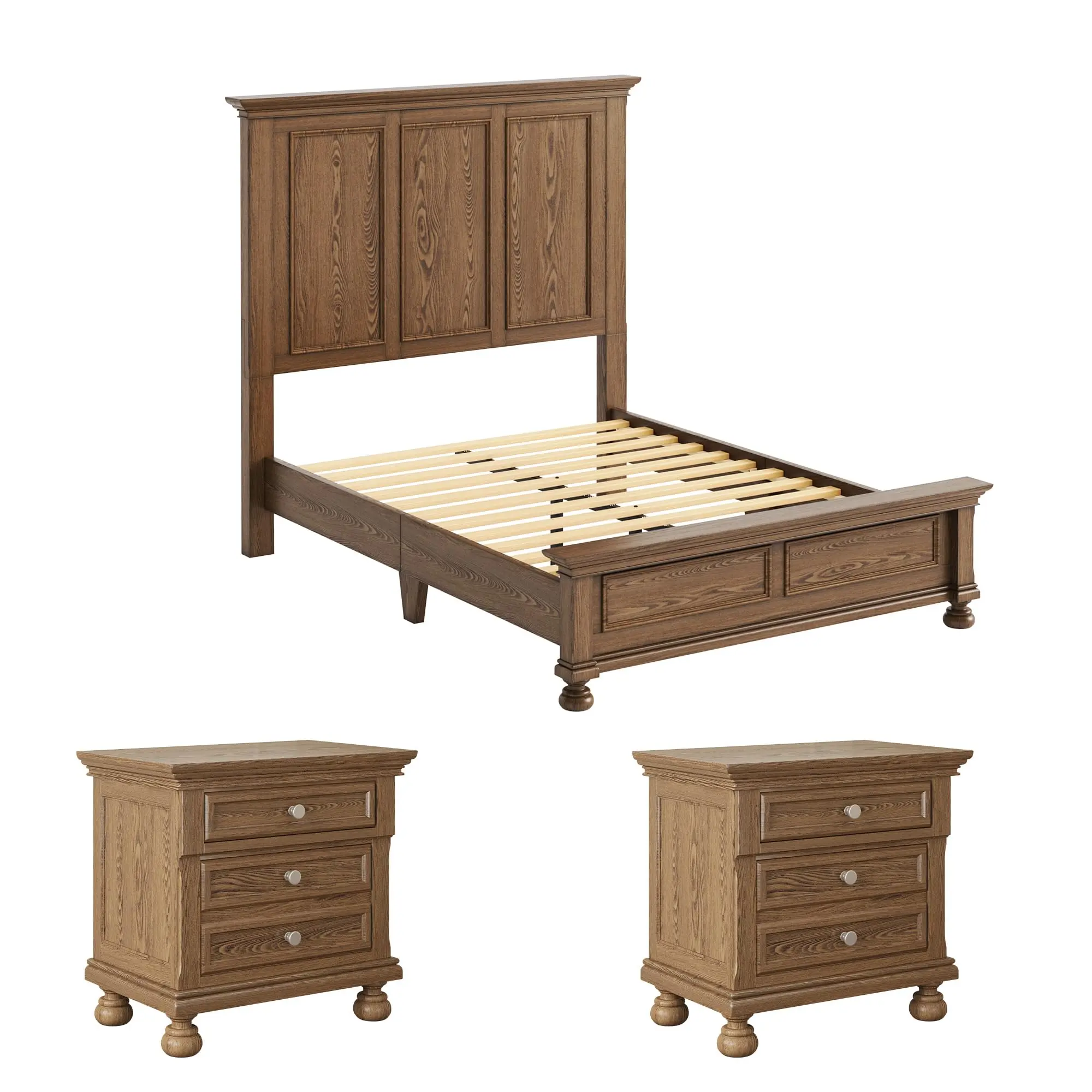 AMERLIFE 3 Piece Solid Wood Bedroom Set, Including 65.2" High Solid Wood Bed Frame, Fully Assembled Nightstands Set of 2 with 2 Storage Drawers for Bedroom, Nightstands For Bedroom