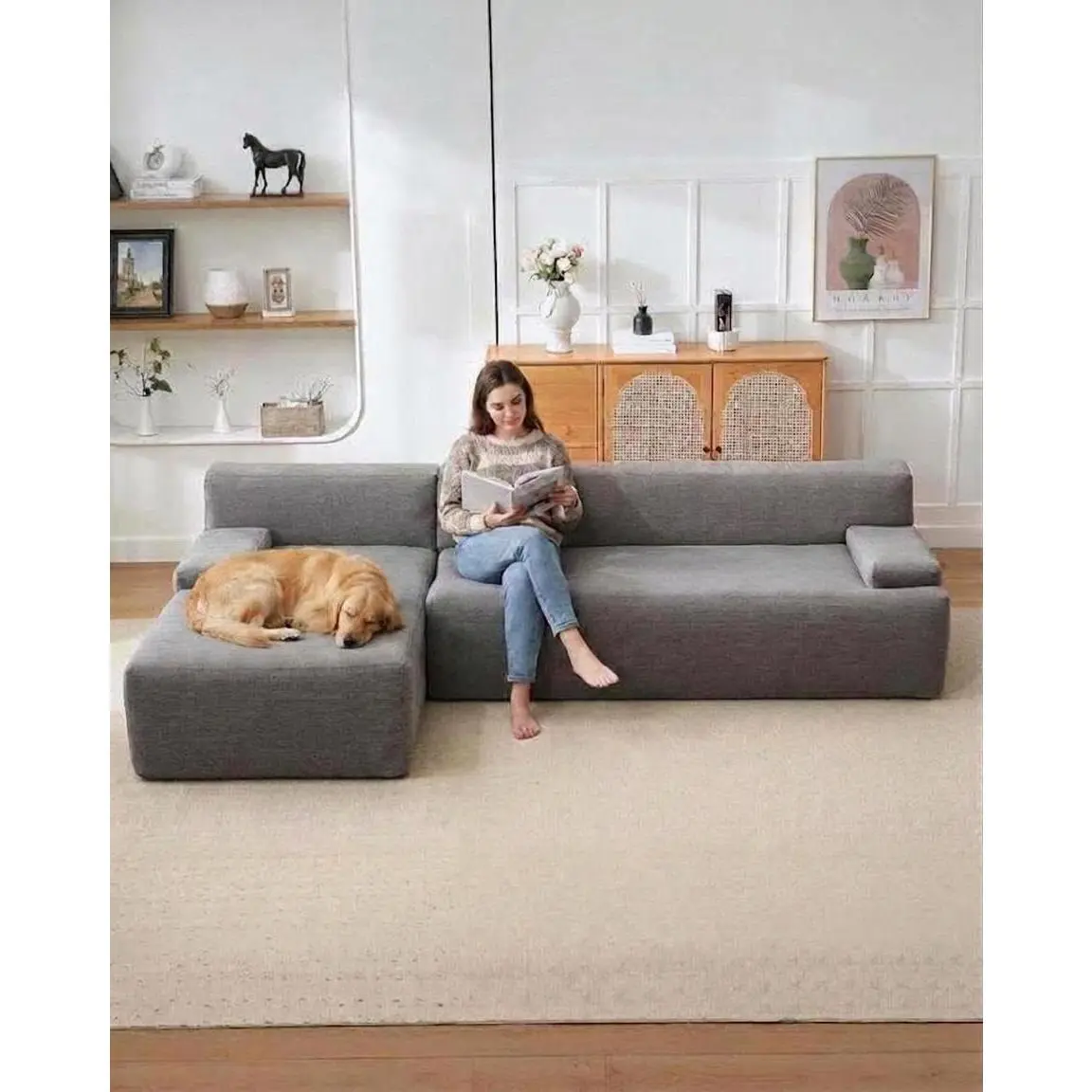 GARVEE 108in L-Shaped Boneless Couch, Ultra-Soft Corduroy Cloud Couch with Left-Facing Chaise, No-Assembly Modular Sectional for Living Room, Gray