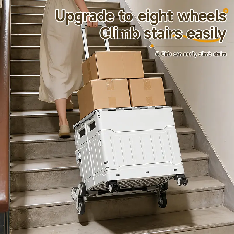 8 Stair Climbing Wheels Tote Cart, Heavy-Duty High Load Bearing, 75L Generous Inner Space, Telescopic Aluminum Handle, Waterproof Cover, Compact Mobile Container, Portable & Foldable Design for Groceries, Car Trunk Storage, Outdoor Activities