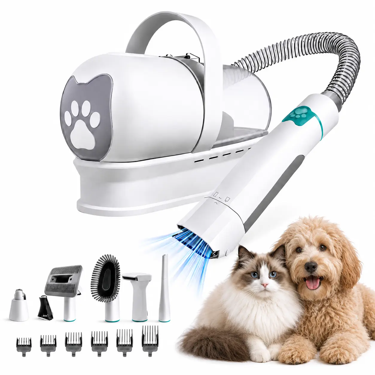 7-in-1 Pet Grooming Kit with Vacuum Power - Hair Tools, Grooming Tools, Universal Fit, Dog Hair Trimmer, Paw Shears, Nail Polisher, 6 Guard Combs for Dogs & Cats