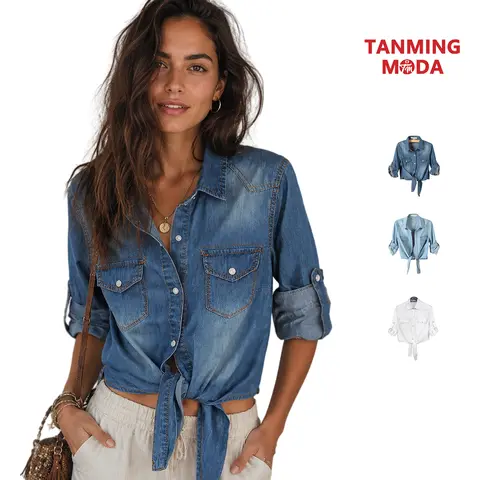 TanmingModa Women's Fitted 3/4 Sleeve Denim Crop Top - Basic Minimalist Tie Knot Blouse Cardigan, Fitted Shirts, Lightweight Cotton Shirt, Trendy Blouses, Spring Fashion, Sporty Chic