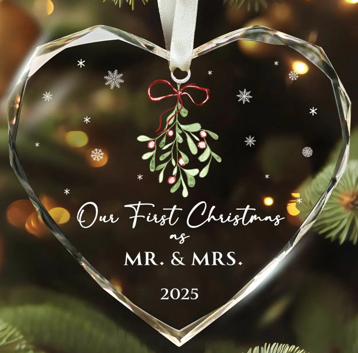 First Christmas Married Ornament 2025 - Mr and Mrs Gifts - Wedding Gifts for Couples, Newlyweds, Bride, Future Mr and Mrs - Married Bridal Shower Gift Ideas - Glass Wedding Ornament 2025
