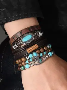 Men's Vintage Bohemian Multilayer Bracelet Set, Turquoise Leather Cactus Bead Elastic Rope, Western Style 6-Piece Jewelry Kit