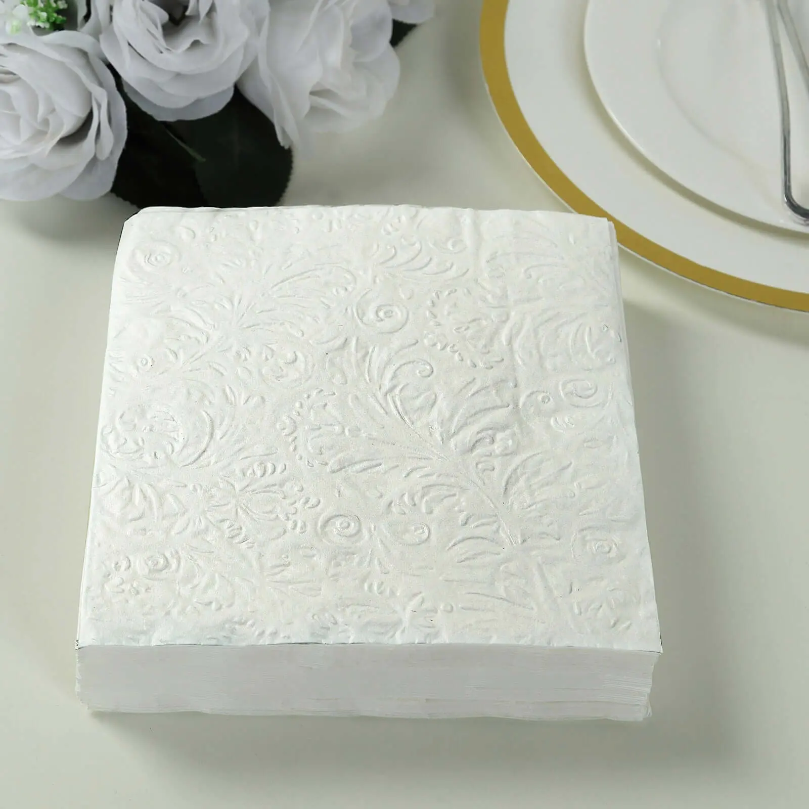 50-Pack 2-Ply White Square Decorative Paper Cocktail Napkins, 6.5"x6.5" Embossed French Swirl Pattern - Disposable Tableware Supplies for Party, Wedding, Event Planners, Decorative Napkins