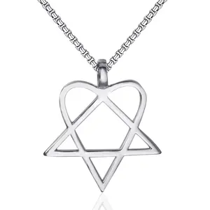 Mens Womens Heartagram Pendant Necklace Stainless Steel Silver Star Heart Him Necklace Jewelry
