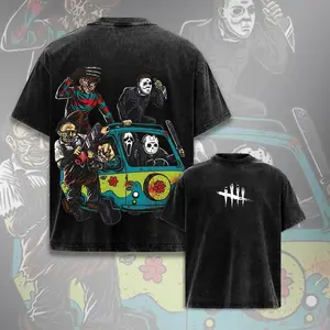 Horror Movie Killers Vintage Washed T-Shirt Slasher Graphic Tee Halloween Horror Icons Shirt Oversized Unisex Streetwear Heavyweight Cotton Crewneck Premium Wash Tee Black Casual Graphic Tee Horror Fan Gift