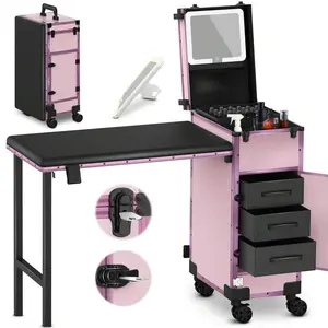 Pink Rolling Portable Manicure Table with 3 Drawers, Mirror & Nail Polish Organizer, Foldable Lockable Makeup Train Case for Nail Tech Salon Station