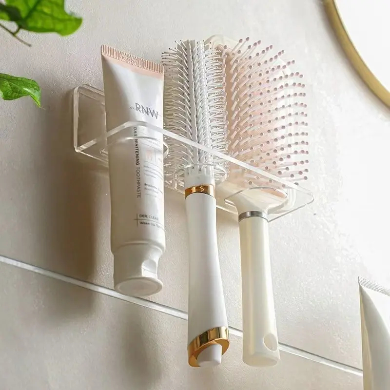 Wall Mounted Acrylic Hairbrush Holder, Clear Plastic Bathroom Organizer for Brushes, Combs and Toiletries, Bathroom Organization and Storage