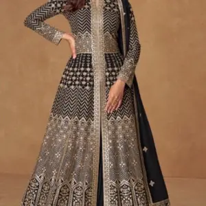 Bridal Long Heavy Embroidery Anarkali Gowns with Dupatta - Red & Orange Color Block Design