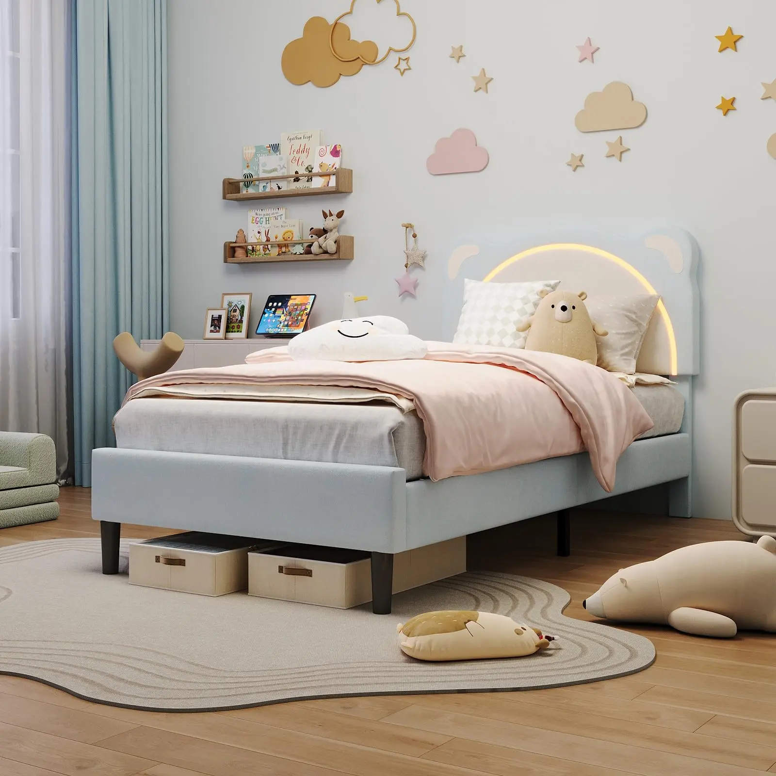 Garvee Twin XL and Twin Size Upholstered Bed Frames with Adjustable Headboards, Cute Bear Design, Soft Velvet Fabric, Solid Wood Slat Support, LED Lights, Storage Drawers, Noise-Free, Easy Assembly, Multiple Colors