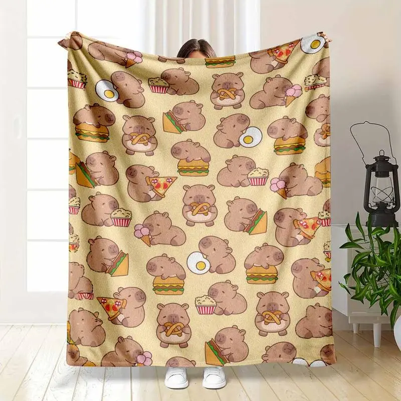 Foodie Capybara Flannel Blanket Adorable Snack Pattern Ultra Soft Lightweight Cozy Perfect for Sofa Bed Travel Camping Picnics Home Decor Birthday Gifts and Housewarming Presents