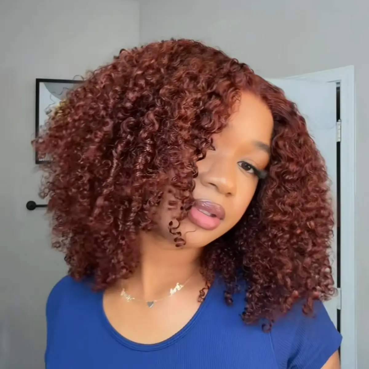 UNice 250% Density Afro Kinky Curly Wig with Finger Coil Ends Reddish Brown Glueless 7x5/13x4 HD Lace Frontal Human Hairs Wig with 16 Inch Beginners Friendly Summerwig
