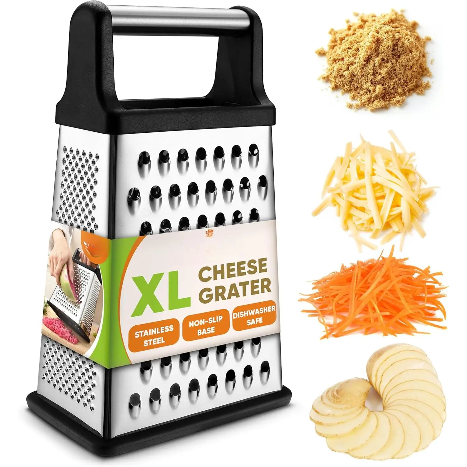 XL 4-Side Stainless Steel Professional Cheese Grater - Large Size, Extra Wide, Multi-Use, Non-Slip Removable Rubber Bottom, Dishwasher-Safe Kitchen Utensil for Food Prep, Parmesan, Black Fruit Slicer for Culinary Enthusiasts
