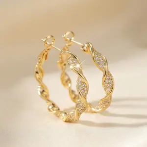 Twisted Crystal Pavé Gold Hoop Earrings