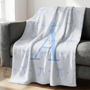Letter A-M Ballet Bow Flannel Sofa Blanket, Light Blue Ballet Bow & Tiny Heart Print White Plush Warm Nap Blanket, Soft and Portable, All Seasons Use Blanket, Foldable