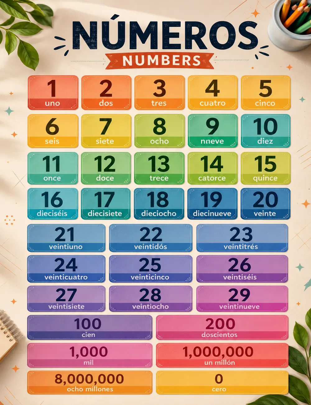 Spanish Numbers Poster Bilingual Spanish English Numbers Chart Classroom Wall Art Learning Poster Educational Print Homeschool Preschool Kindergarten Elementary School Teacher Decor Kids Learning Chart Montessori Classroom Supplies Math Educational